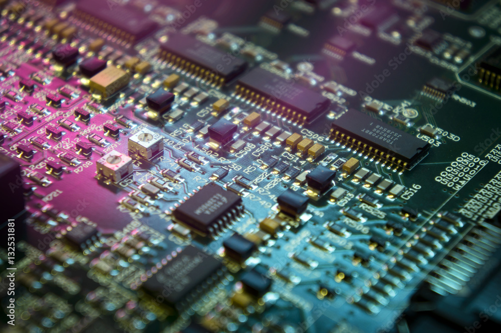 Microchips on a circuit board. Microchips on a circuit board.