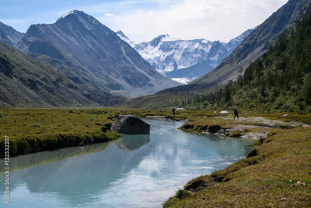 Altai mountains. Highland Akem lake on backgroind of mountain Beluha