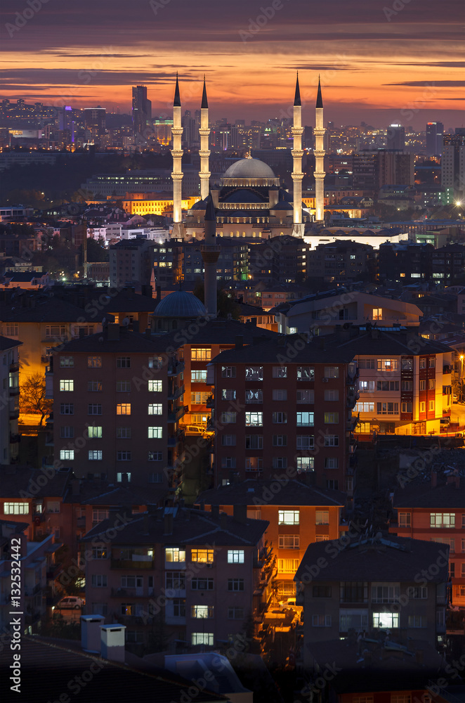 Ankara and Kocatepe Mosque in sunset