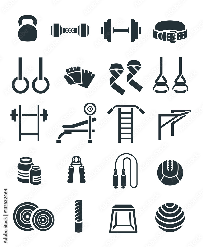 Vecteur Stock Weightlifting flat vector icons set. Bodybuilding exercises  equipment pictograms. Weight lifting training objects. Powerlifting gym  workout elements. Healthy lifestyle and physical activity symbols | Adobe  Stock