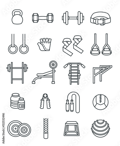 Weightlifting flat thin line vector icons set. Bodybuilding exercises equipment pictograms. Weight lifting training objects. Powerlifting gym workout elements. Healthy lifestyle and physical activity