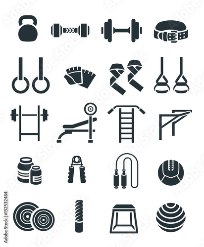 Weightlifting flat vector icons set. Bodybuilding exercises equipment pictograms. Weight lifting training objects. Powerlifting gym workout elements. Healthy lifestyle and physical activity symbols