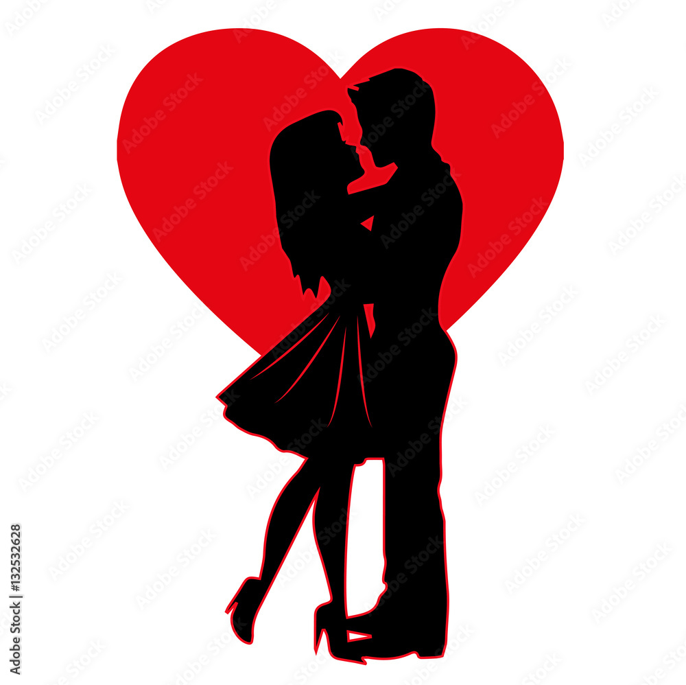 Vector illustration of lovers silhouette on a heart background, silhouette di coppia di innamorati con cuore di sfondo vettoriali