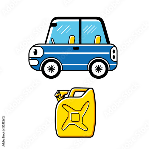 Blue car and yellow jerrycan isolated.