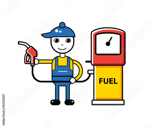 Gas station worker with a pump nozzle. Fueling illustration.