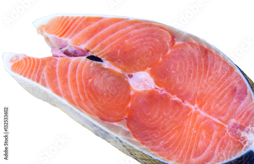 Close up of fresh salmon slices isolate on white background.