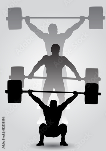  Weightlifter is sitting with barbell. Snatch. three silhouettes of athletes doing snatch exercise. weightlifting.
