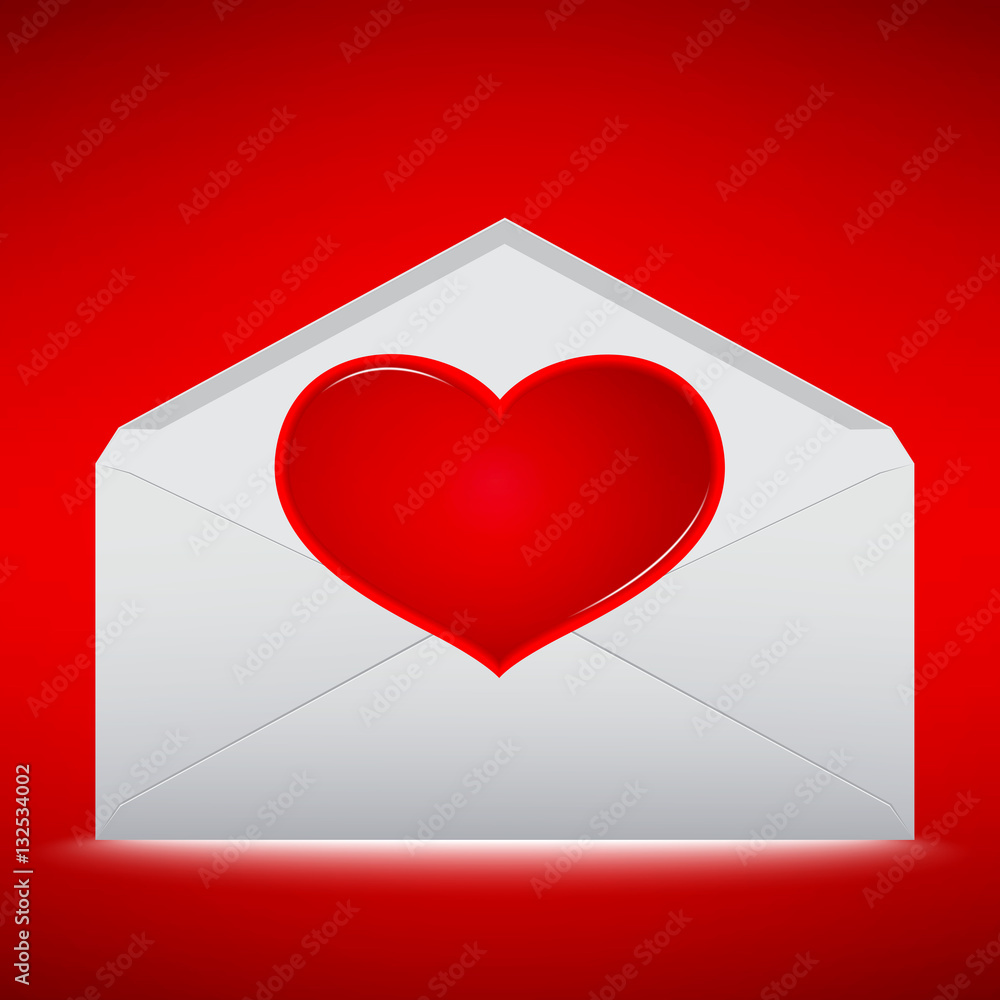 Red Heart on envelope with red background