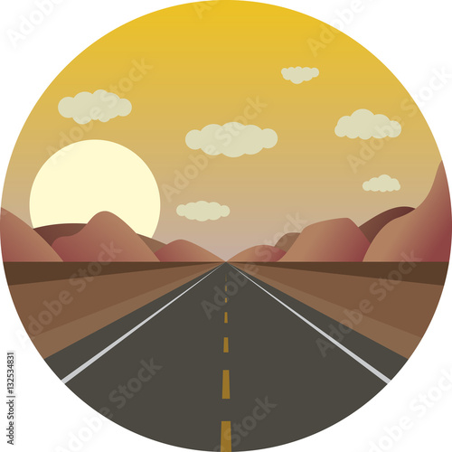 straight road ahead at sunrise in the mountains