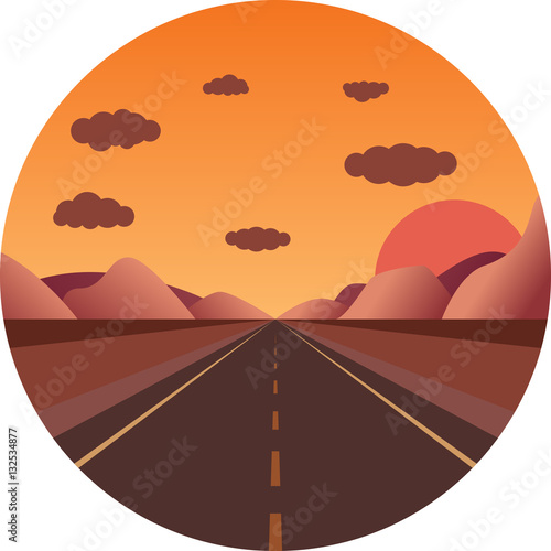 straight road towards the sunset in the mountains