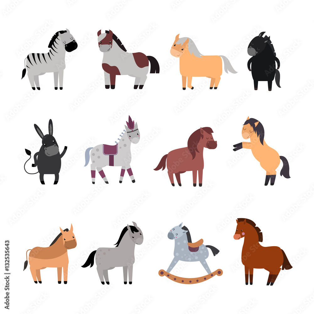 Different horses breed vector set.