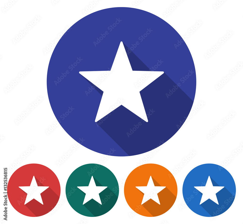 Round icon of star. Flat style illustration with long shadow in five variants background color Round icon of star. Flat style illustration with long shadow in five variants background color