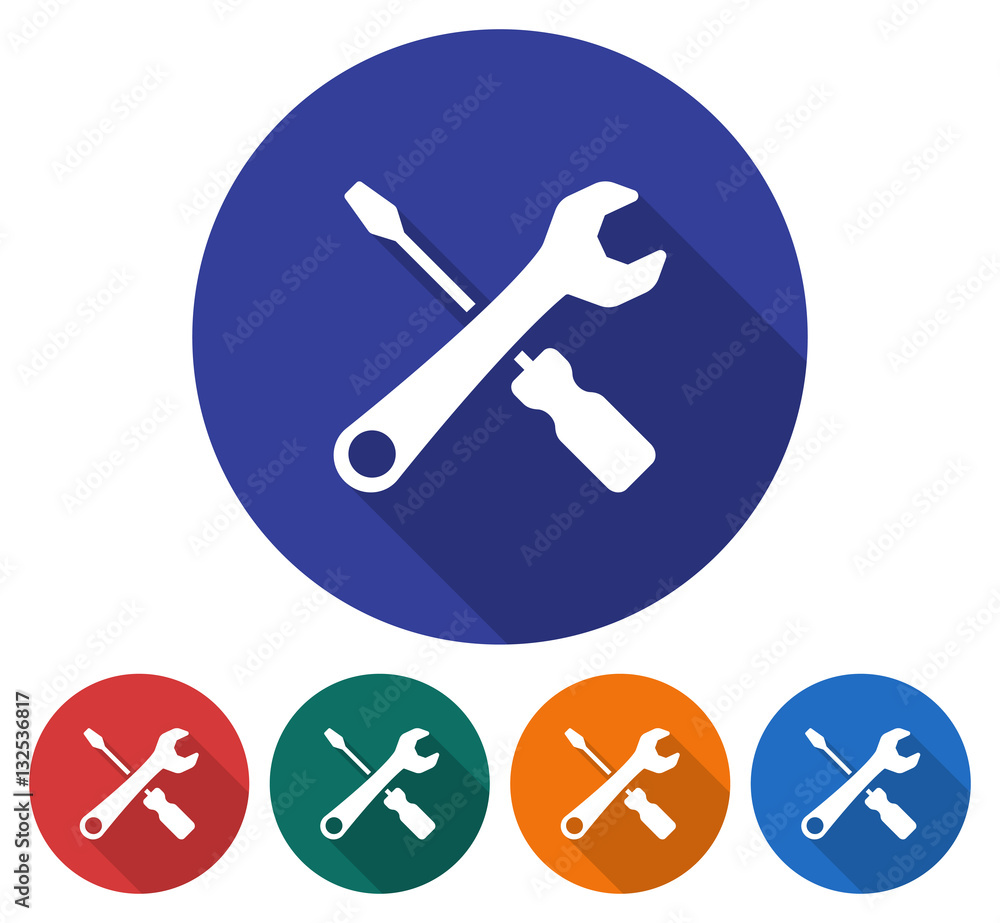 Round icon of screwdriver with spanner. Flat style illustration with long shadow in five variants background color Round icon of screwdriver with spanner. Flat style illustration with long shadow in five variants background color