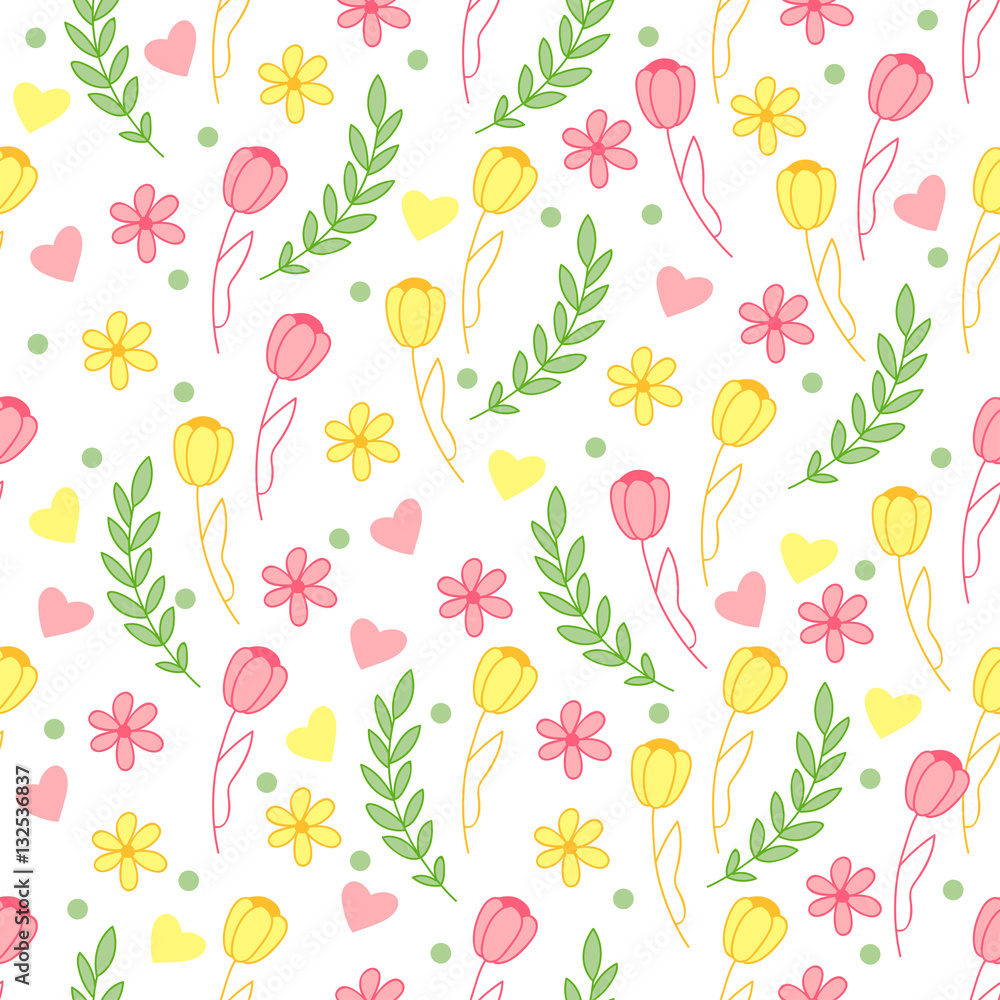 Cute seamless pattern with leaves, flowers, tulip and hearts. Nice background.