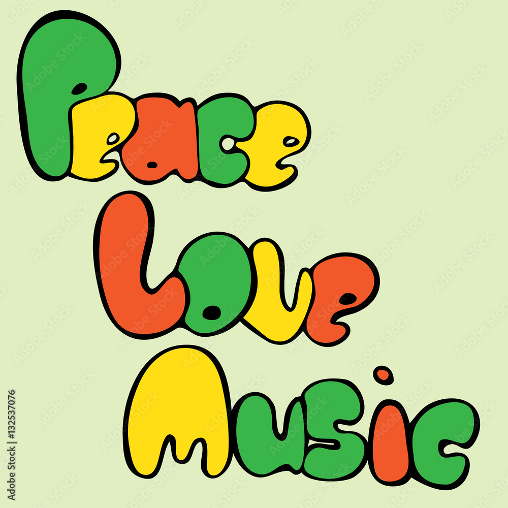 Design of Peace, Love and Music in bubble style in green, yellow and red colors. Vector illustration. Design of Peace, Love and Music in bubble style in green, yellow and red colors. Vector illustration.