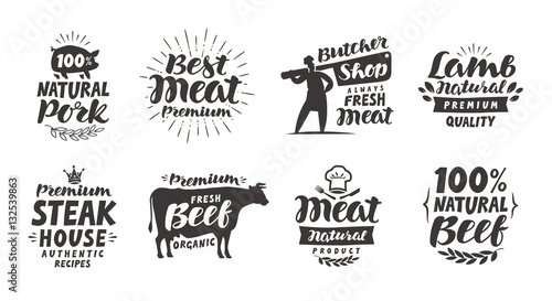 Butcher shop, labels. Meat, beef, pork, lamb set icons. Lettering vector illustration
