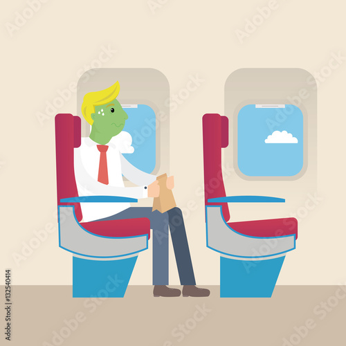 Businessman with green face frightened by flight. Aerophobia concept. Panic in the plane. Fear of flying.