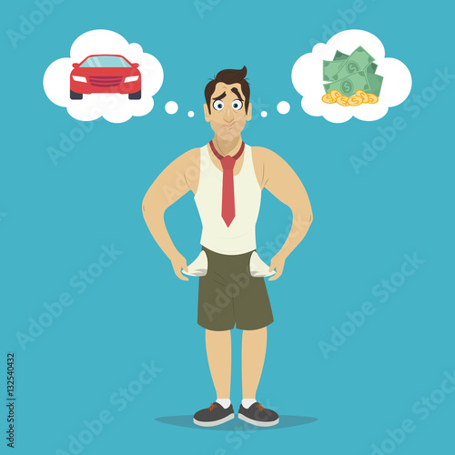 Businessman with no money, bankrupt. Man dreams of a car and money.