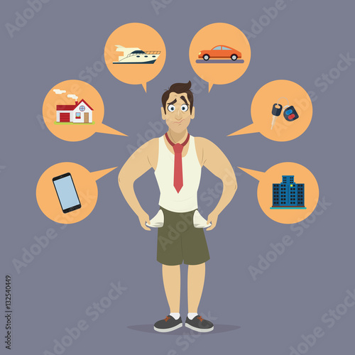 Sad businessman no money paid all taxes. Car, house, tax icons. Flat design.