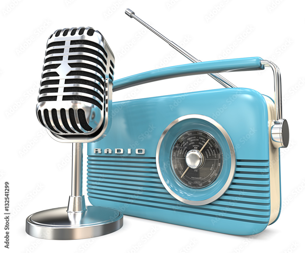 Microphone and Radio. 3D render of retro Microphone and Radio. Blue and  metal theme. ilustração do Stock | Adobe Stock