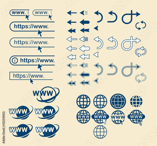 Web site icons set. Website start page. WWW. Internet browser bar, globe, computer mouse arrow. Flat design, creative solution. Vector isolated.