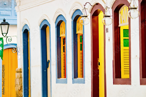 Close view of windows and doors in old town of Parary, Brazil photo