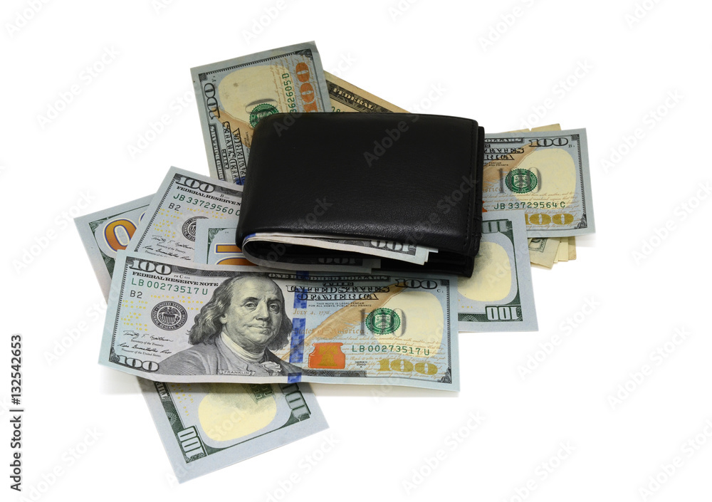 Black stylish leather wallet with money cash isolated on white background Black stylish leather wallet with money cash isolated on white background