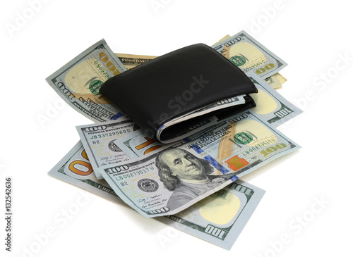 Black stylish leather wallet with money cash isolated on white background