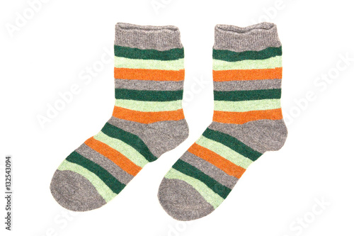 Pair of striped socks on a white background