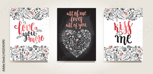 Set of greeting cards. Backgrounds with calligraphy brush lettering and hand drawn elements. Template cards, banners or poster for Valentine's Day. Vector illustration.