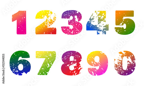 Set of colorful numbers with carved grunge spots on white  backg