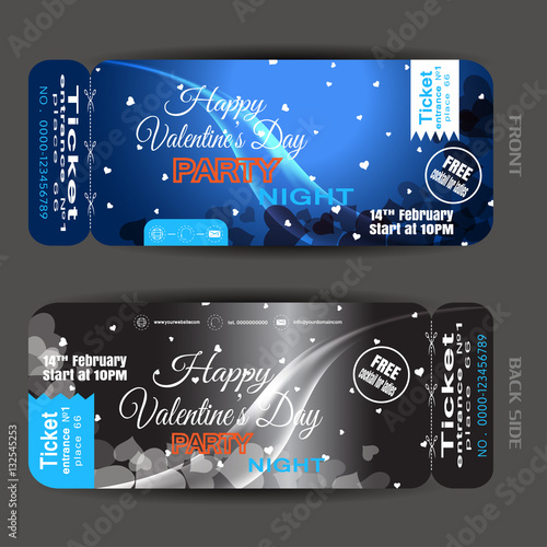Vector Happy Valentine's Day night party ticket on the dark blue and gray gradient background with hearts and wave.
