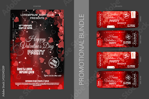 Vector Happy Valentine's Day night party promotional bundle of dark red poster and tickets with hearts on the dark gray background.