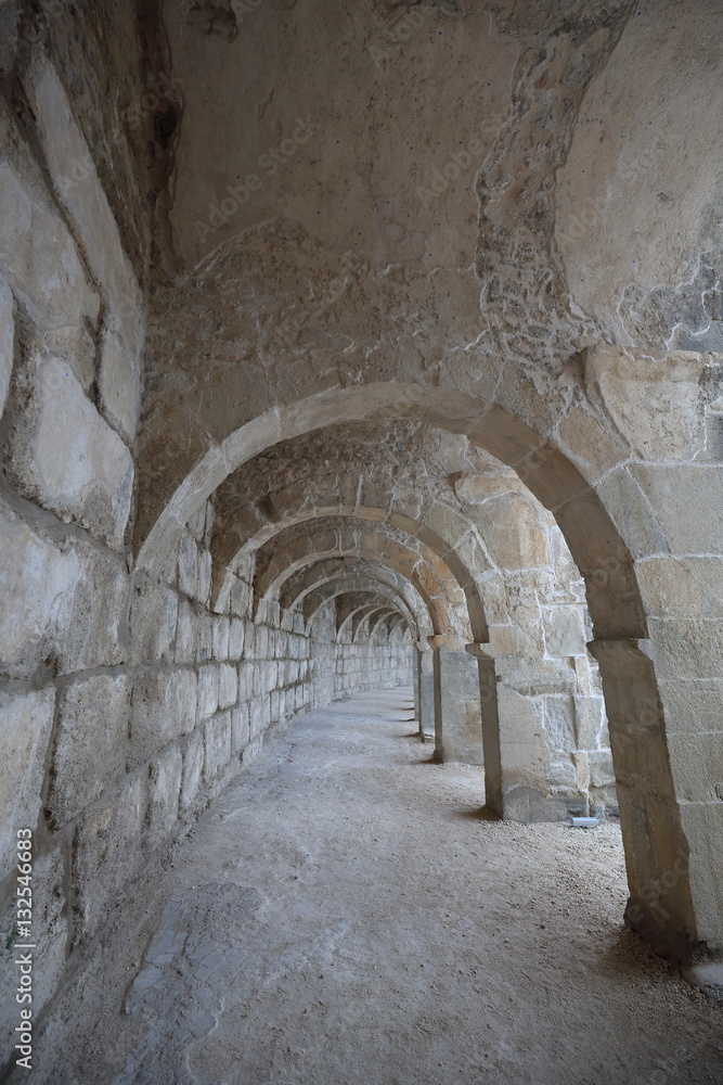 Colonnaded arcade over best preserved theater of antiquity. Aspendos-Pamphylian-Turkey. 0067