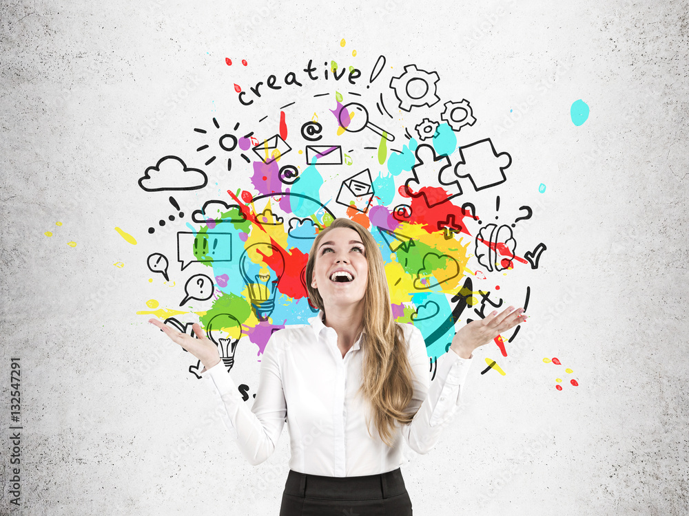 Happy businesswoman near a round idea sketch Happy businesswoman near a round idea sketch