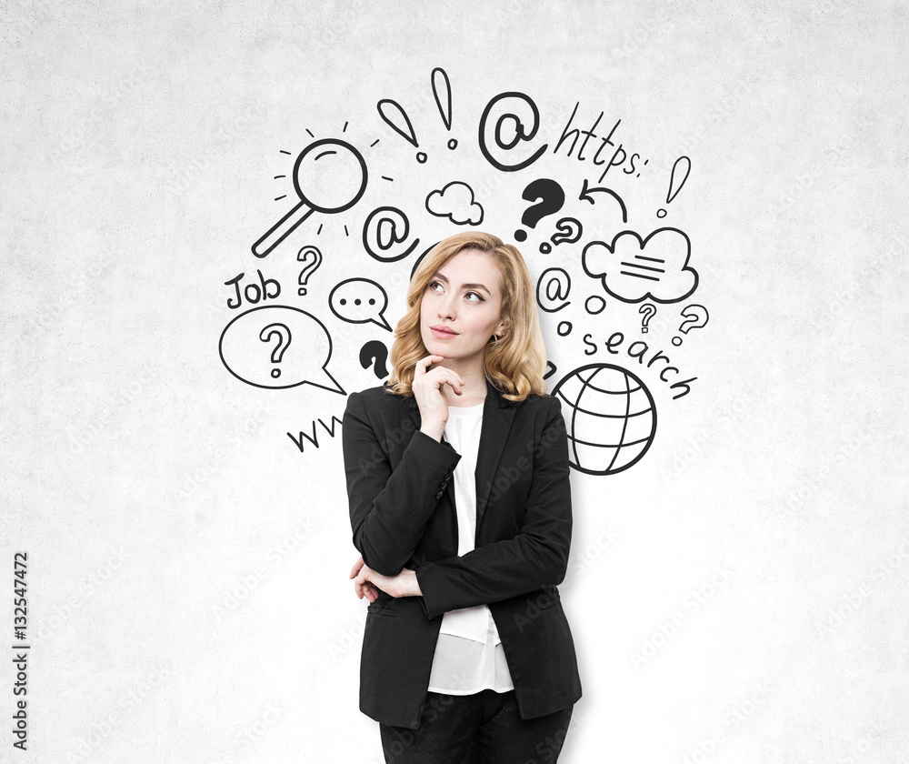 Red haired woman and internet search sketch Red haired woman and internet search sketch