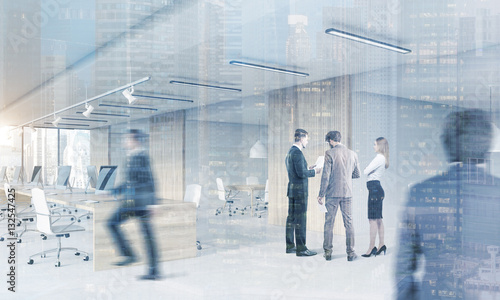 People in open office with meeting room, cityscape