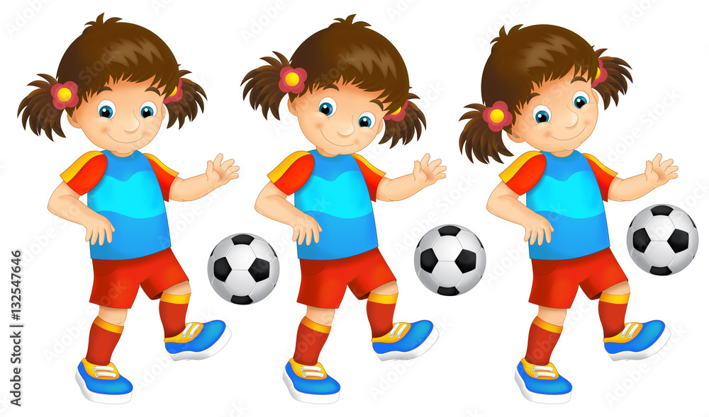 Cartoon child - girl - playing football - activity - illustration for children Cartoon child - girl - playing football - activity - illustration for children