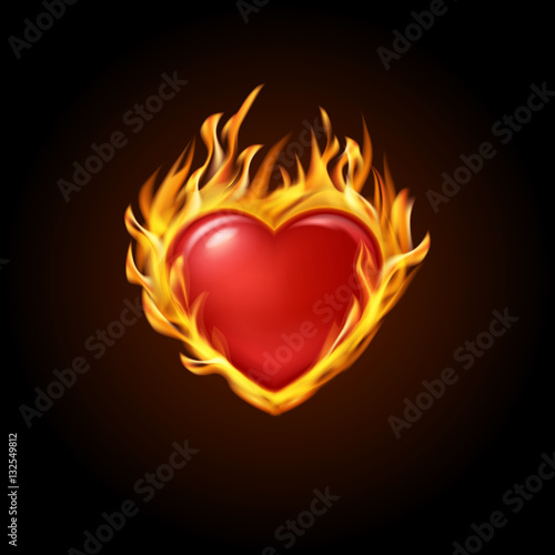 vector illustration. Red burning heart with fire on a black background. Designs for banners  cards  invitations for Valentine s day  medical cardiograms.