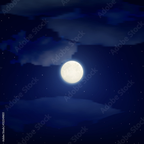 vector illustration. The background night sky. The round, full moon, star, cloud. Backdrop.