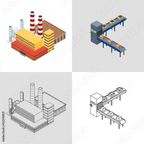 vector illustration. Factory building with an office building and production plant and automatic packaging conveyor line with boxes. Set icon colorful and outline. Isometric, 3D.