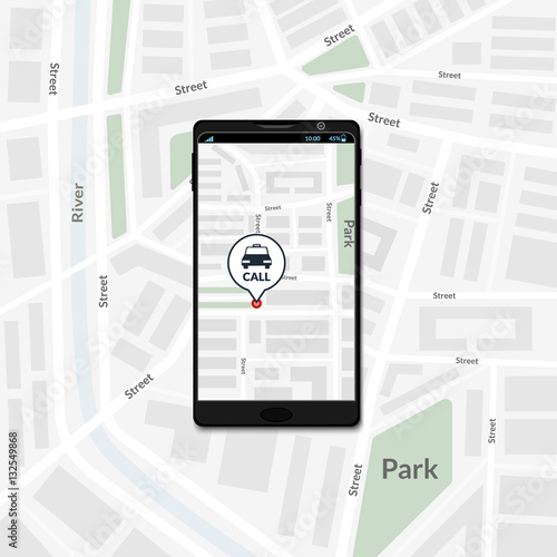 Vector illustration. City map with the icon call taxi on the mobile phone screen. Concept for online order of taxi