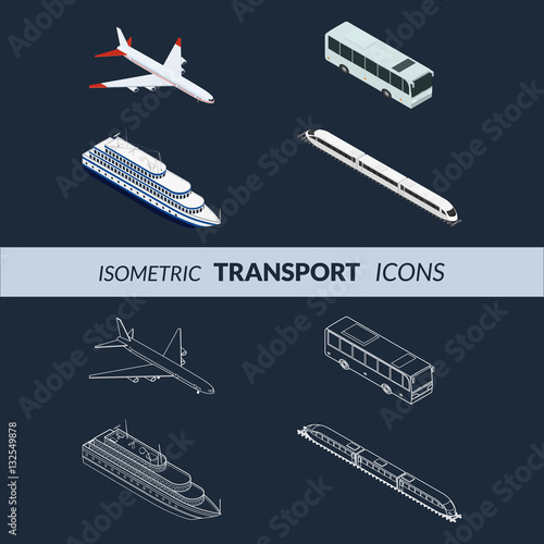Vector illustration. Set of icons public passenger transport on a dark background. Airplane, ship, train, bus. Isometric, 3D. Contour, outline