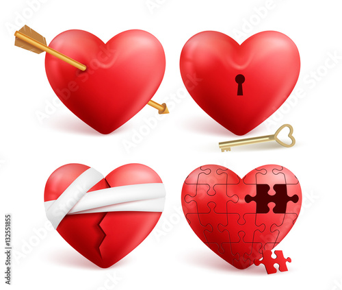 Red hearts vector 3d realistic set with arrows, key holes, puzzle and bandages for valentines day isolated in white background. Vector illustration.
