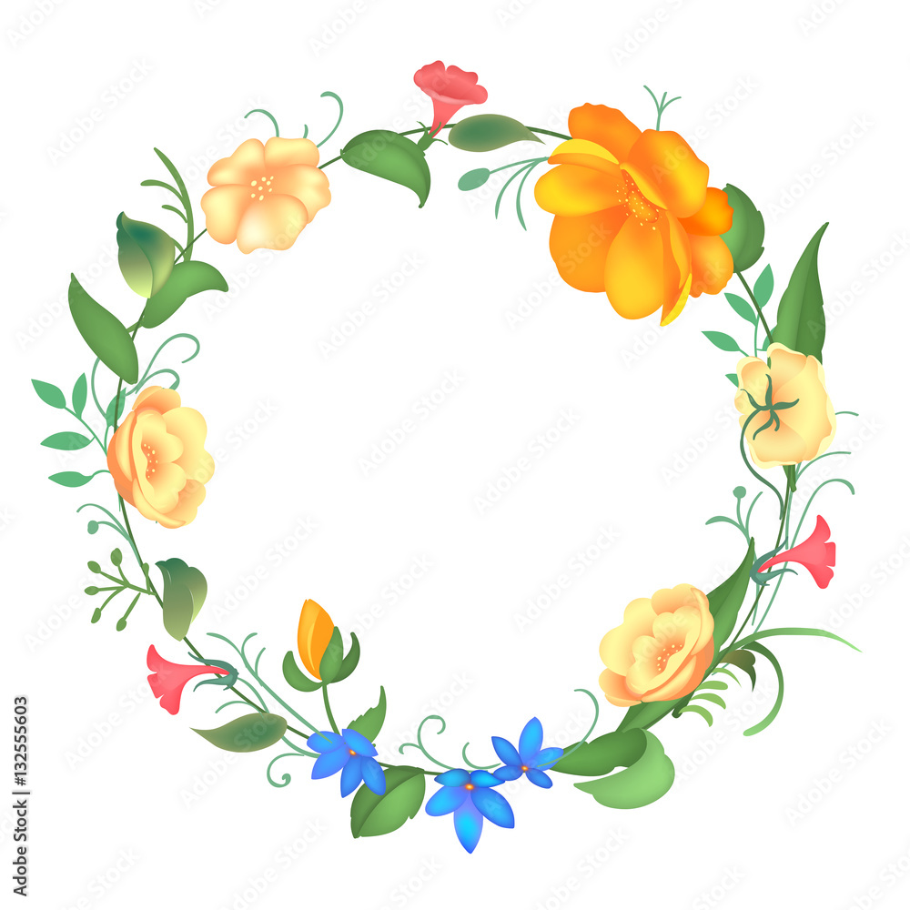Fototapeta premium Postcard with a round frame of flowers. Vector illustration