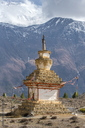 Traditional old Buddhist stupa on Annapurna Circuit Trek in Hima