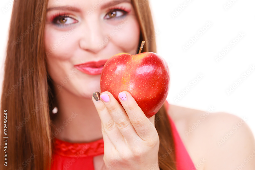 Woman charming girl colorful makeup holds apple fruit Woman charming girl colorful makeup holds apple fruit