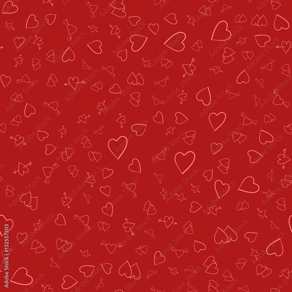 Seamless background of red hearts on a red substrate