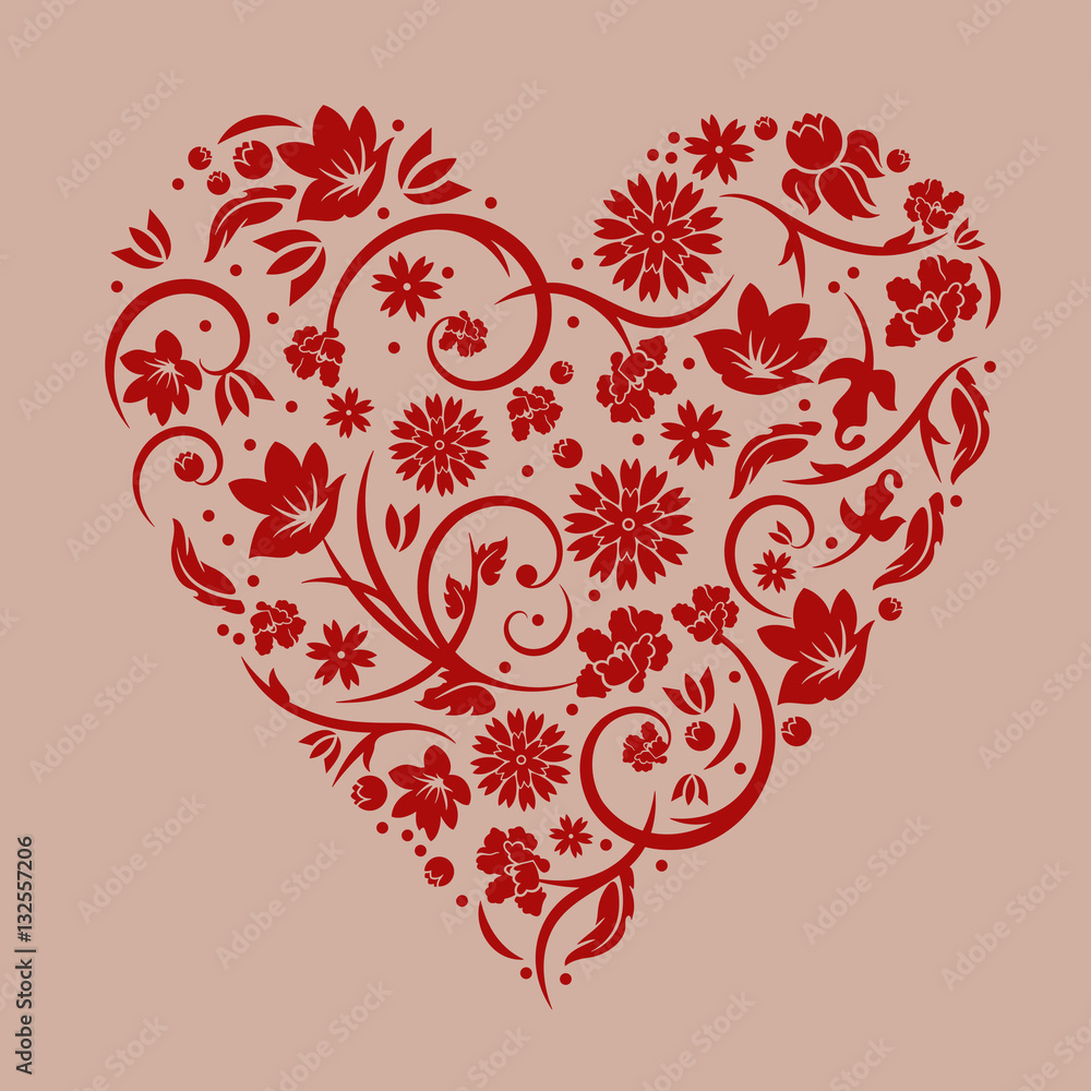 Vector illustration of floral red valentine heart 