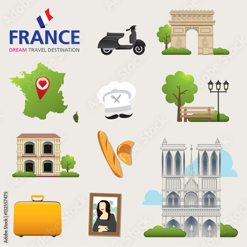 France Vector travel destinations icon set. France set